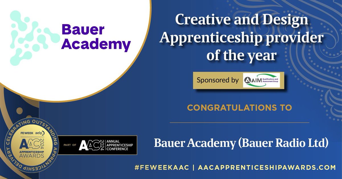📢 WINNER - 2024 <a href="/FEWeek/">FE Week</a> &amp; <a href="/AELPUK/">AELP</a> <a href="/AnnualAppConf/">Annual Apprenticeship Conference</a> Awards in association with <a href="/cityandguilds/">City & Guilds</a> 📢 🎉
CONGRATULATIONS to <a href="/baueracademyuk/">BauerAcademy</a> for winning this year’s Creative and Design Apprenticeship Provider of the Year award sponsored by <a href="/aim_qag/">AIM Qualifications and Assessment Group</a> at the 2024 AAC Awards! 🎉🥳
#AACAwards