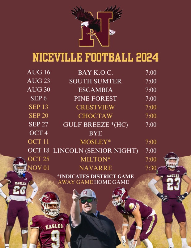 @Niceville_FB 2024 Schedule! @FlaHSFootball @HSFBamerica @FHS7v7A @SethSnwfdn @WEARDanShugart @Andy_Villamarzo @Dwight_XOS @larryblustein