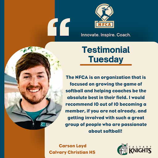 NFCAorg's tweet photo. It's #TestimonialTuesday! 🌟

Check out what @CoachCarsonLoyd has to say about the NFCA!

Not a member yet? Join the team today: https://t.co/aw4alzdK9H https://t.co/qgqvdshQzl