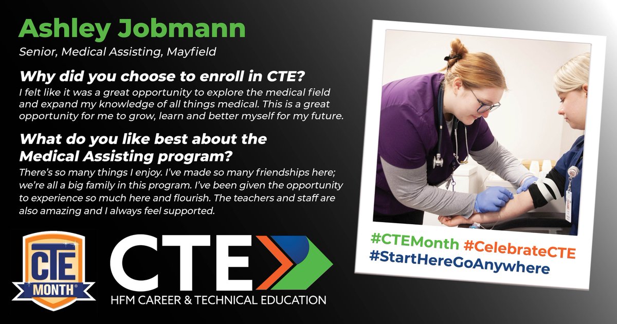 HFM BOCES (@hfmboces) on Twitter photo In recognition of Career & Technical Education month, Ashley from <a href="/MayfieldHS12117/">Mayfield Junior-Senior High School</a> tells us what she likes about the Medical Assisting program at HFM CTE.
#CTEMonth #CelebrateCTE #StartHereGoAnywhere
<a href="/NYSED/">Edinson Velandia</a> <a href="/NYSACTE/">NYSACTE</a> In recognition of Career & Technical Education month, Ashley from <a href="/MayfieldHS12117/">Mayfield Junior-Senior High School</a> tells us what she likes about the Medical Assisting program at HFM CTE.
#CTEMonth #CelebrateCTE #StartHereGoAnywhere
<a href="/NYSED/">Edinson Velandia</a> <a href="/NYSACTE/">NYSACTE</a>