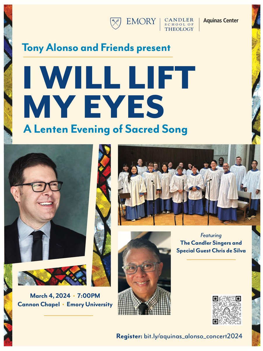 You’re not going to want to miss this! A Lenten evening of sacred song with @realtonyalonso, Chris de Silva, &amp; the Candler Singers. Monday, March 4. 7:00 pm. Cannon Chapel.