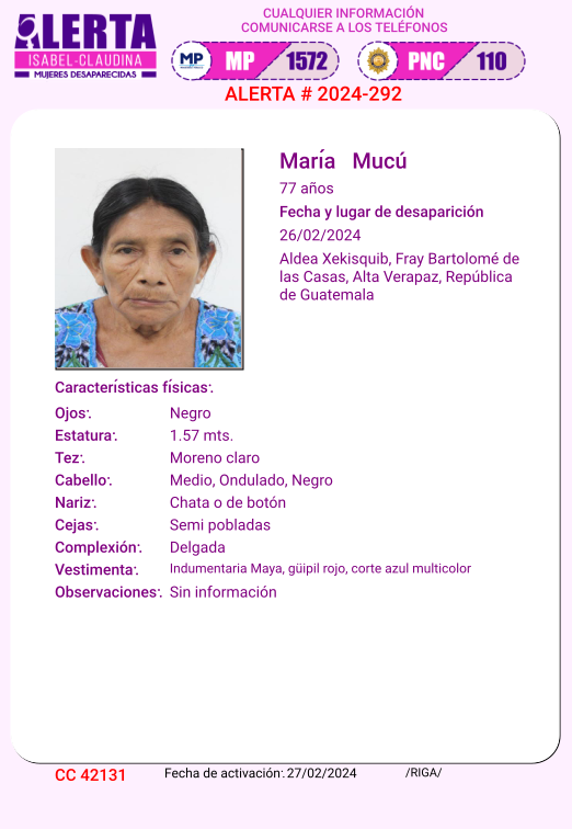 isabel_claudina's tweet photo. #AlertaIsabelClaudina
🚨 Ayúdenos a encontrar a

María Mucu
Desapareció el 26de febrero  de 2024
Cualquier información comunicarse al teléfono 📞 1572
Gracias por difundir esta información❗ https://t.co/zCQA6I0hnf