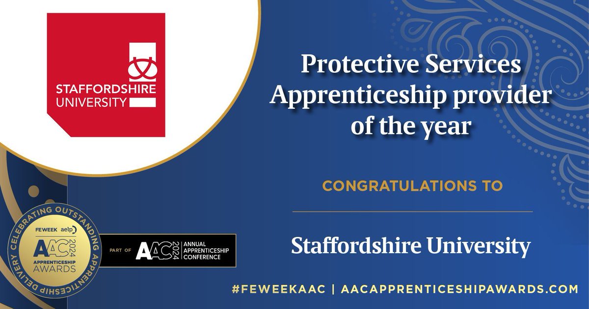 📢 WINNER - 2024 @FEWeek & @AELPUK @AnnualAppConf Awards in association with @cityandguilds 📢 🎉 CONGRATULATIONS to @StaffsUni for winning this year’s Protective Services Apprenticeship Provider of the Year award at the 2024 @AnnualAppConf Awards! 🎉🥳 #AACAwards