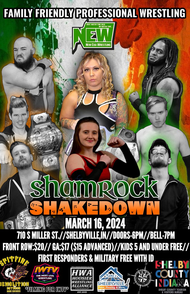 🚨 POSTER DROP 🚨

New Era Wrestling comes back to the Shelbyville Boys and Girls Club for SHAMROCK SHAKEDOWN on March 16!!!

Featuring
@ArieAlexanderAA 
@kartercauffman 
@DC_Wrestles 
@submitordye 
@KAVRON_KANYON 
@EdrysWolffAlpha 
@aanarchy121 
@KingoftheArcade 
+SO MUCH MORE!