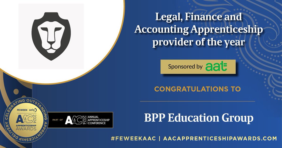 📢 WINNER - 2024 @FEWeek & @AELPUK @AnnualAppConf Awards in association with @cityandguilds 🎉 CONGRATULATIONS to @BPPGroup for winning this year’s Legal, Finance and Accounting Apprenticeship Provider of the Year award sponsored by @YourAAT at the 2024 AAC Awards! 🥳 #AACAwards