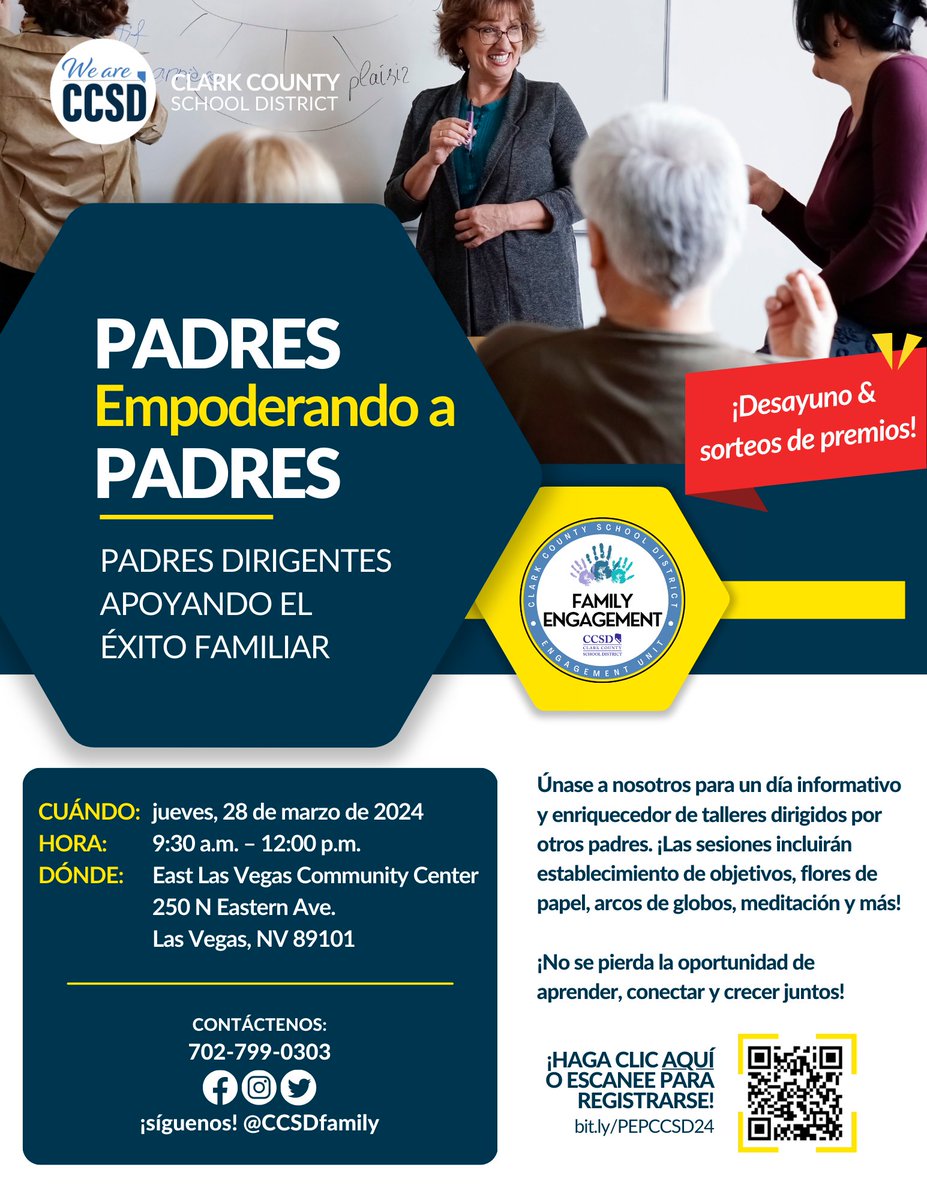 Join us for our first Parents Empowering Parents event to highlight family leaders in @ClarkCountySch featuring parents teaching interactive workshops. 📅 Thursday, March 28, 2024 🕒 9:30 a.m. - 12:00 p.m. 📍 East LV Community Center Register: bit.ly/PEPCCSD24