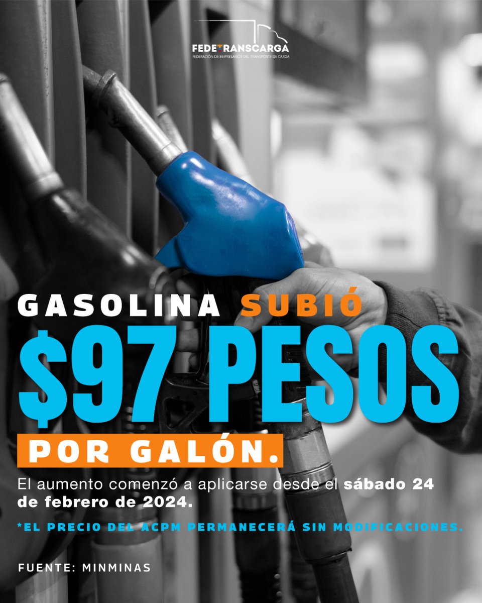 Desde el pasado 24 de febrero la gasolina tuvo una nuevo incremento. El precio del ACPM mantendrá su precio.
·
fedetranscarga.org
·
#transportedecarga #combustible #preciocombustible