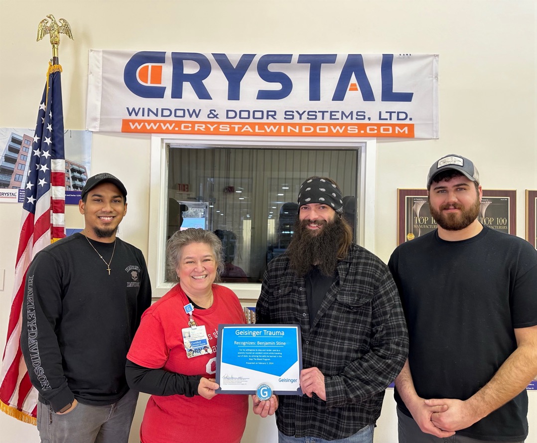 Crystal production line lead worker Ben Stine recently used skills he learned at a recent @acsSTOPTHEBLEED trauma response course to aid a car accident victim. Stine was recognized by Geisinger Community Medical Center where he and other Crystal management attended the course.