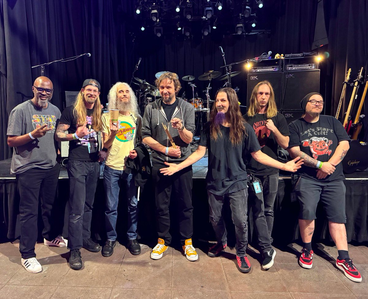 TEAM DUCKLING: We can't do it without these guys. From left to right - tour manager/front of house engineer Raymond McKinley, audio tech/merch manager Chris Collier, GG, MM, BB, guitar/bass tech Michael Arms, drum tech Derek Abrams. The Aristocrats hereby salute them all!