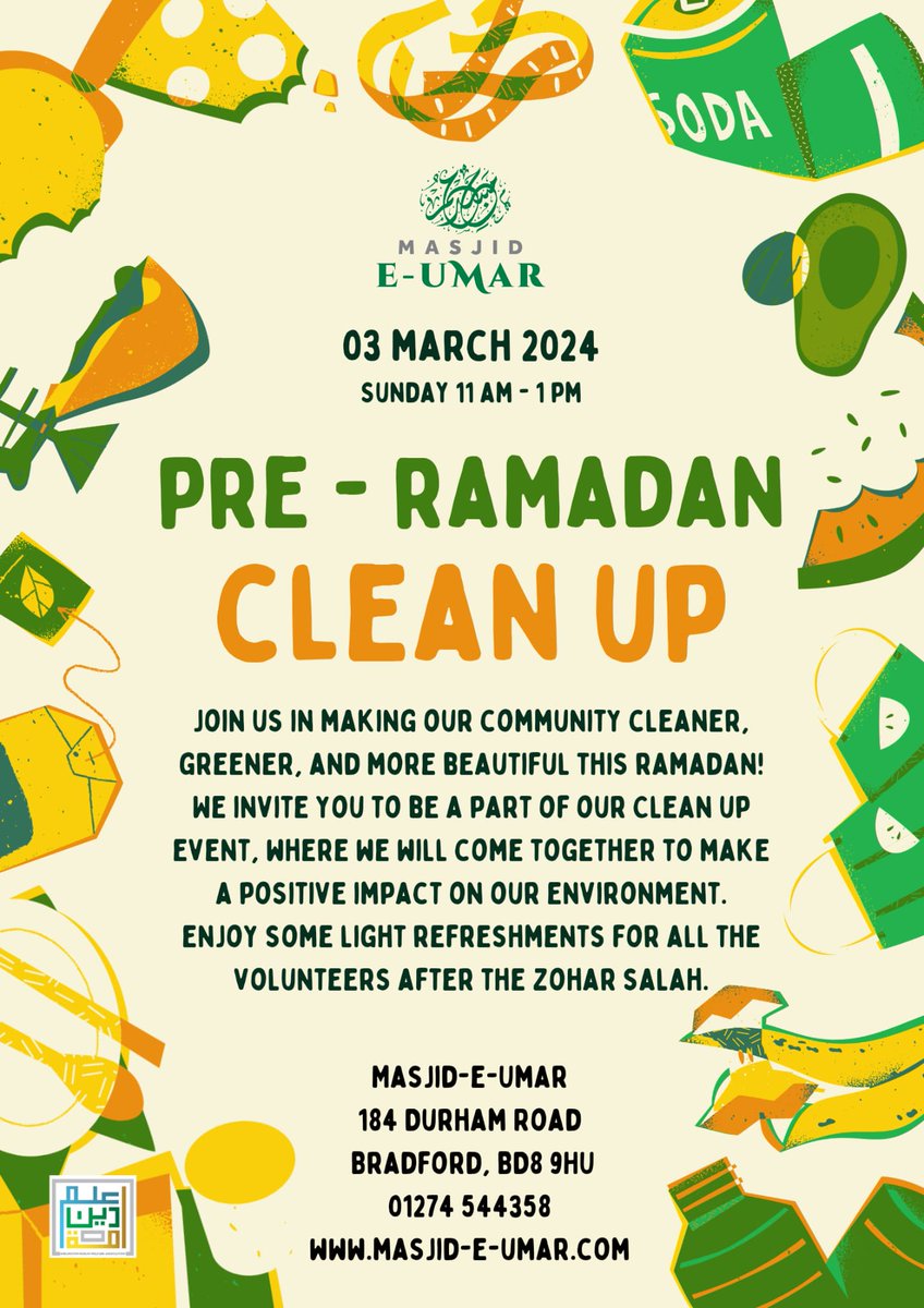 Assalamualaikum 

This Sunday we are going to have a clean up around the Masjid streets at 11am to 1pm inshallah. Please join in and volunteer to make our streets clean before Ramadan. This is open for brothers and boys 11 years old and above.