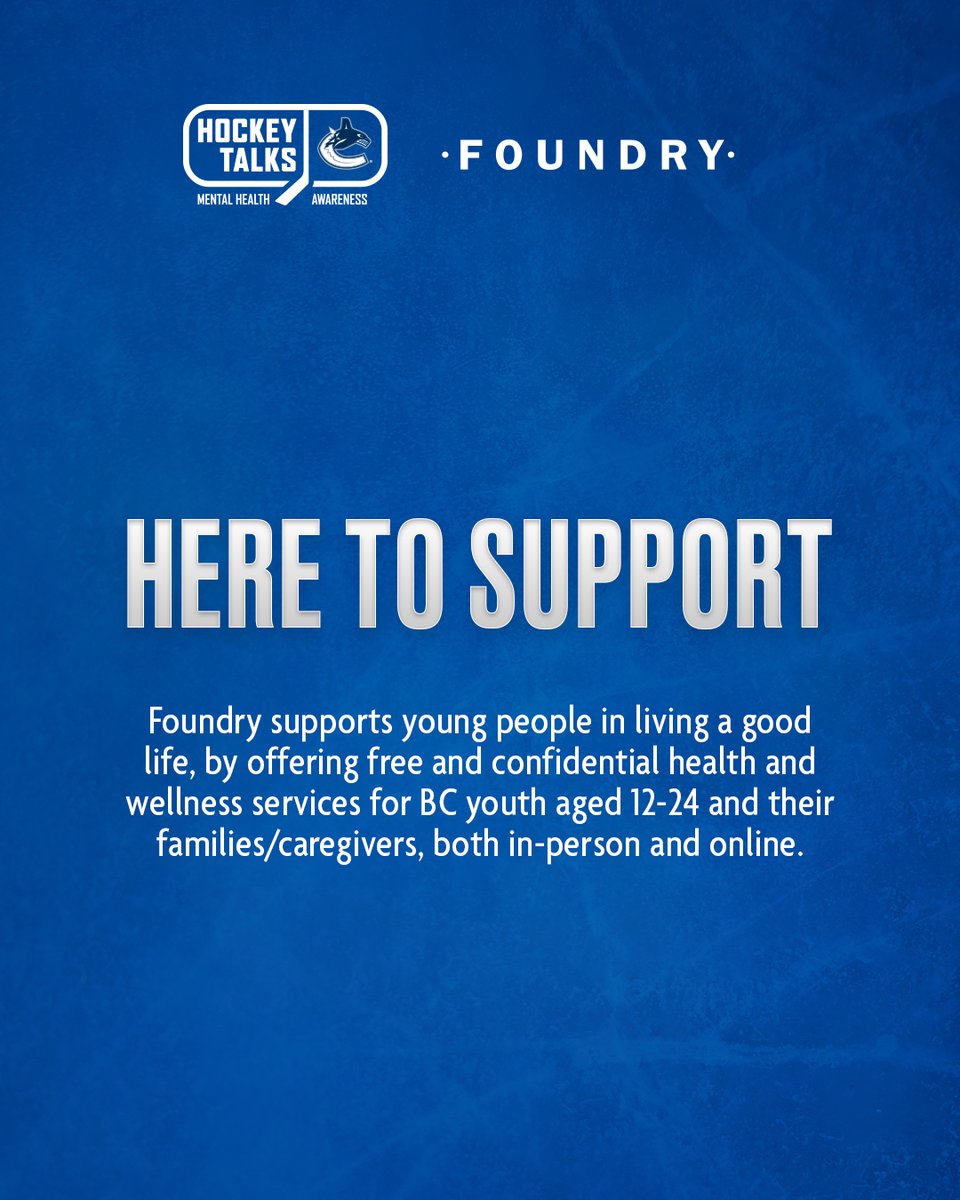 Throughout tonight's @Canucks game, we will be sharing mental health messages of support and resources where you can learn more or seek help for yourself or a loved one. 

Learn more about the services offered by @Foundrybc at foundrybc.ca 💙