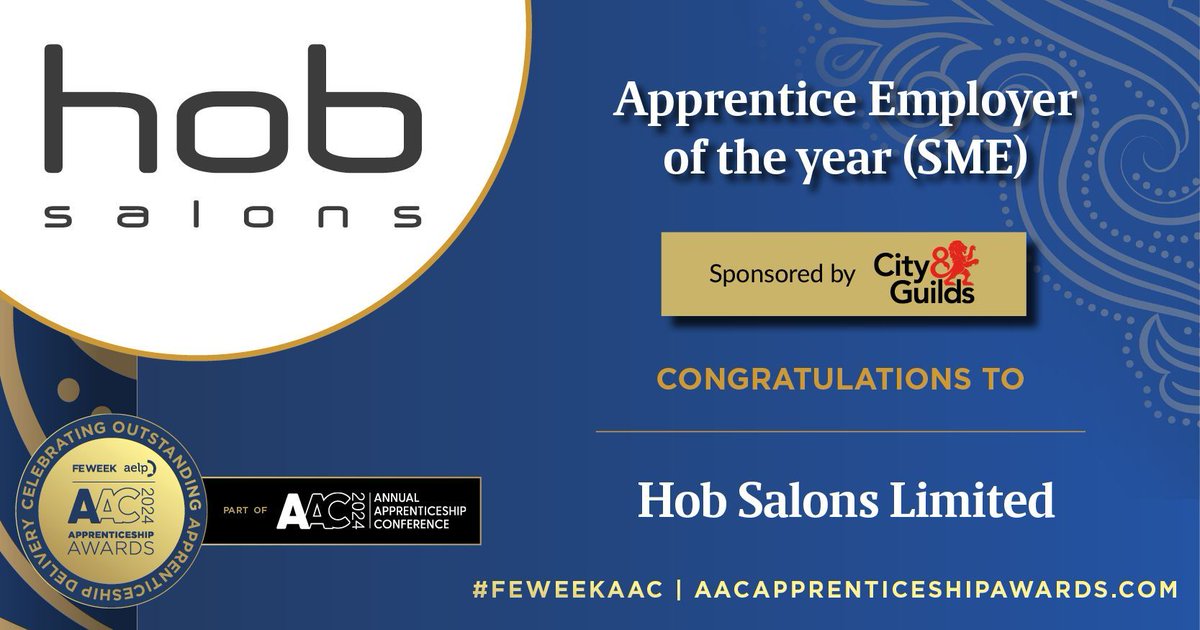 📢 WINNER - 2024 @FEWeek & @AELPUK @AnnualAppConf Awards in association with @cityandguilds 📢 🎉 CONGRATULATIONS to Hob Salons for winning this year’s Apprentice Employer of the Year Award (SME) sponsored by @cityandguilds at the 2024 @AnnualAppConf Awards! 🎉🥳 #AACAwards