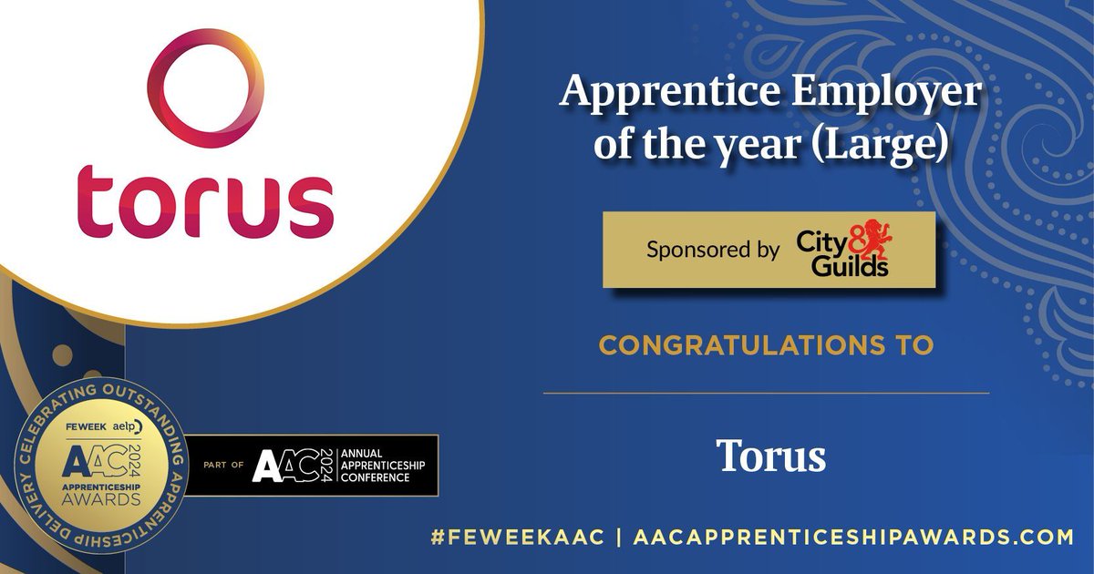 📢 WINNER - 2024 @FEWeek & @AELPUK @AnnualAppConf Awards in association with @cityandguilds 📢 🎉 CONGRATULATIONS to @WeAreTorus for winning this year’s Apprentice Employer of the Year Award (Large) sponsored by @cityandguilds at the 2024 @AnnualAppConf Awards! 🎉🥳 #AACAwards