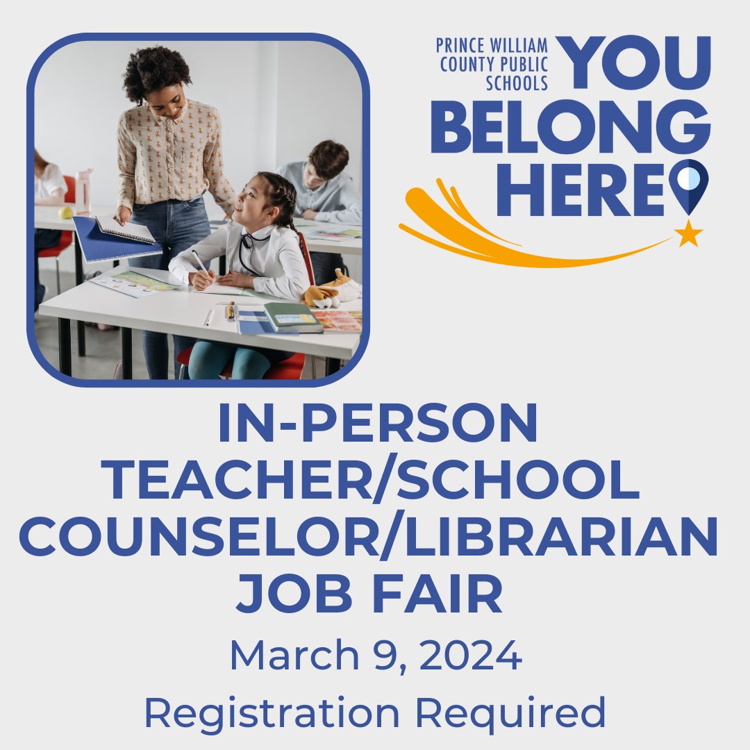 You Belong Here...so join us for the IN-PERSON Teacher/School Counselor/ Librarian Job Fair by registering at the link below.

bit.ly/Mar2024JobFair…

Registration is REQUIRED.