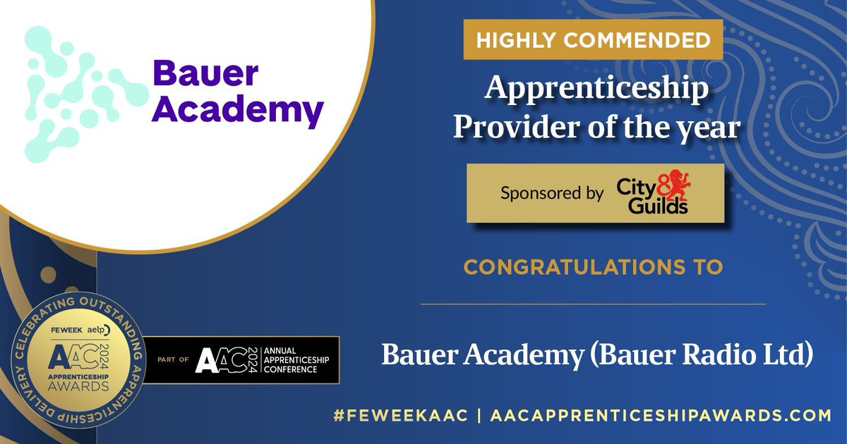 FEWeek's tweet photo. 📢 HIGHLY COMMENDED - 2024 @FEWeek &amp; @AELPUK @AnnualAppConf Awards in association with @cityandguilds 📢
Congratulations to @baueracademyuk ~ High Commendation for the Apprenticeship Provider of the Year award sponsored by @cityandguilds at the 2024 AAC Awards! 🥳🎉 
#AACAwards https://t.co/wSDRWeCrq9