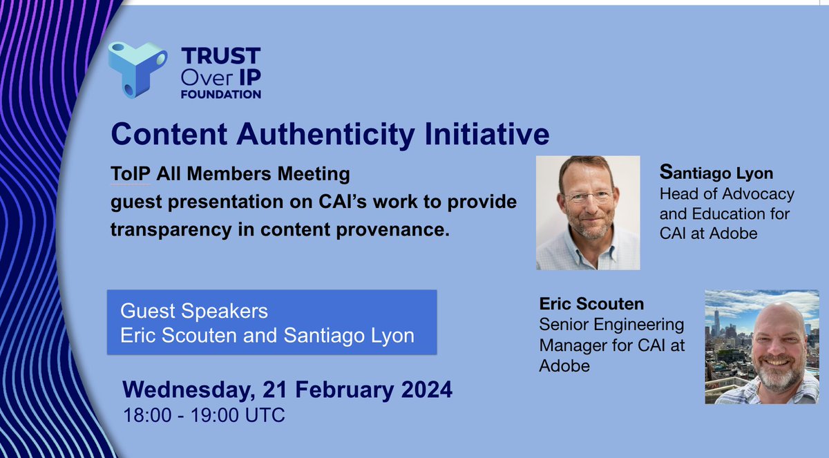 #ToIP hosted @slyon66 and @Scouten of <a href="/ContentAuth/">Content Authenticity Initiative</a> ... re work to provide transparency in #contentprovenance
Content Authenticity Initiative and Trust Over IP Foundation Collaboration youtu.be/pq_fFHMs7sQ?si… via <a href="/YouTube/">YouTube</a>