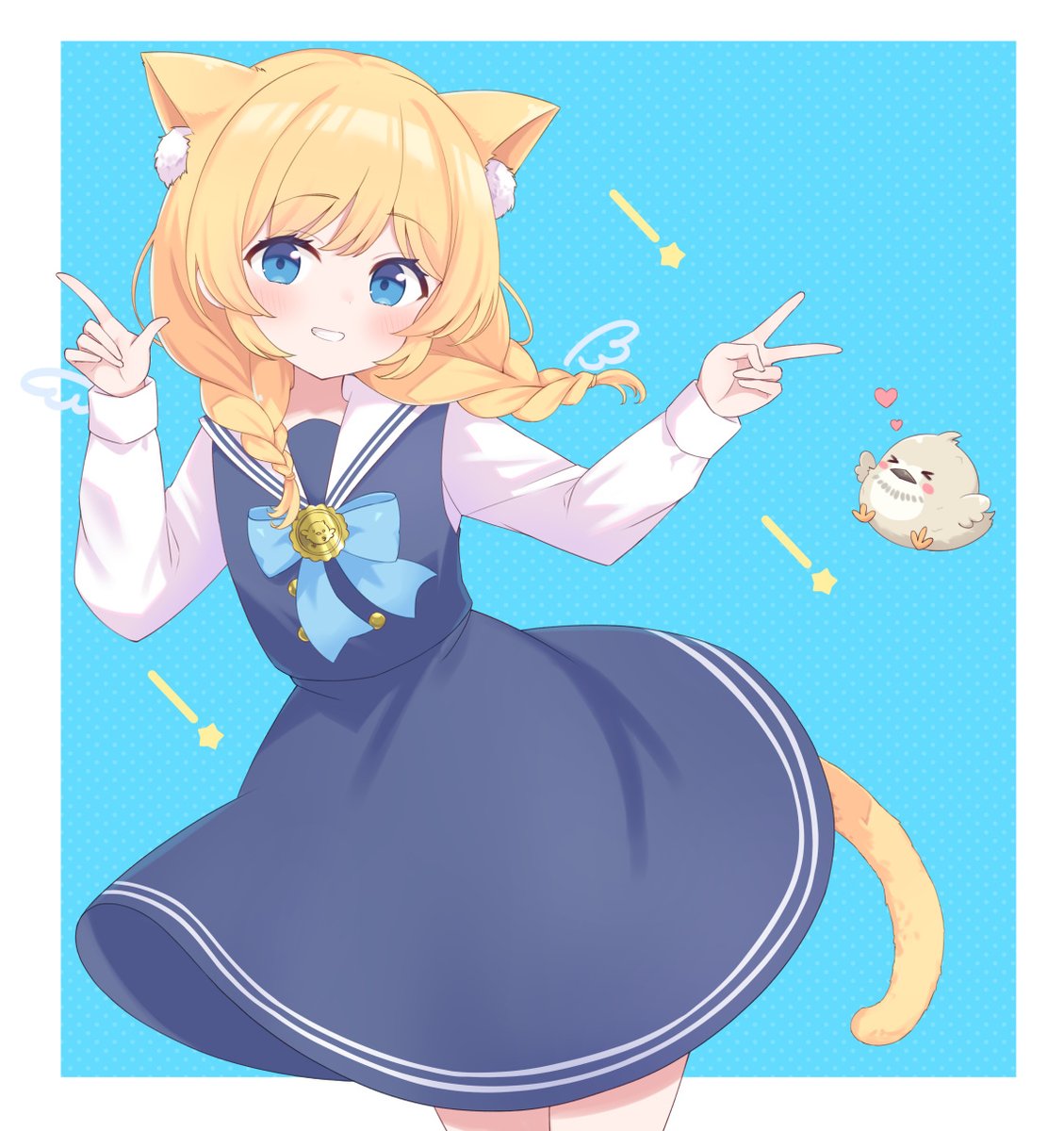 1girl animal ears tail blonde hair blue eyes v cat ears  illustration images