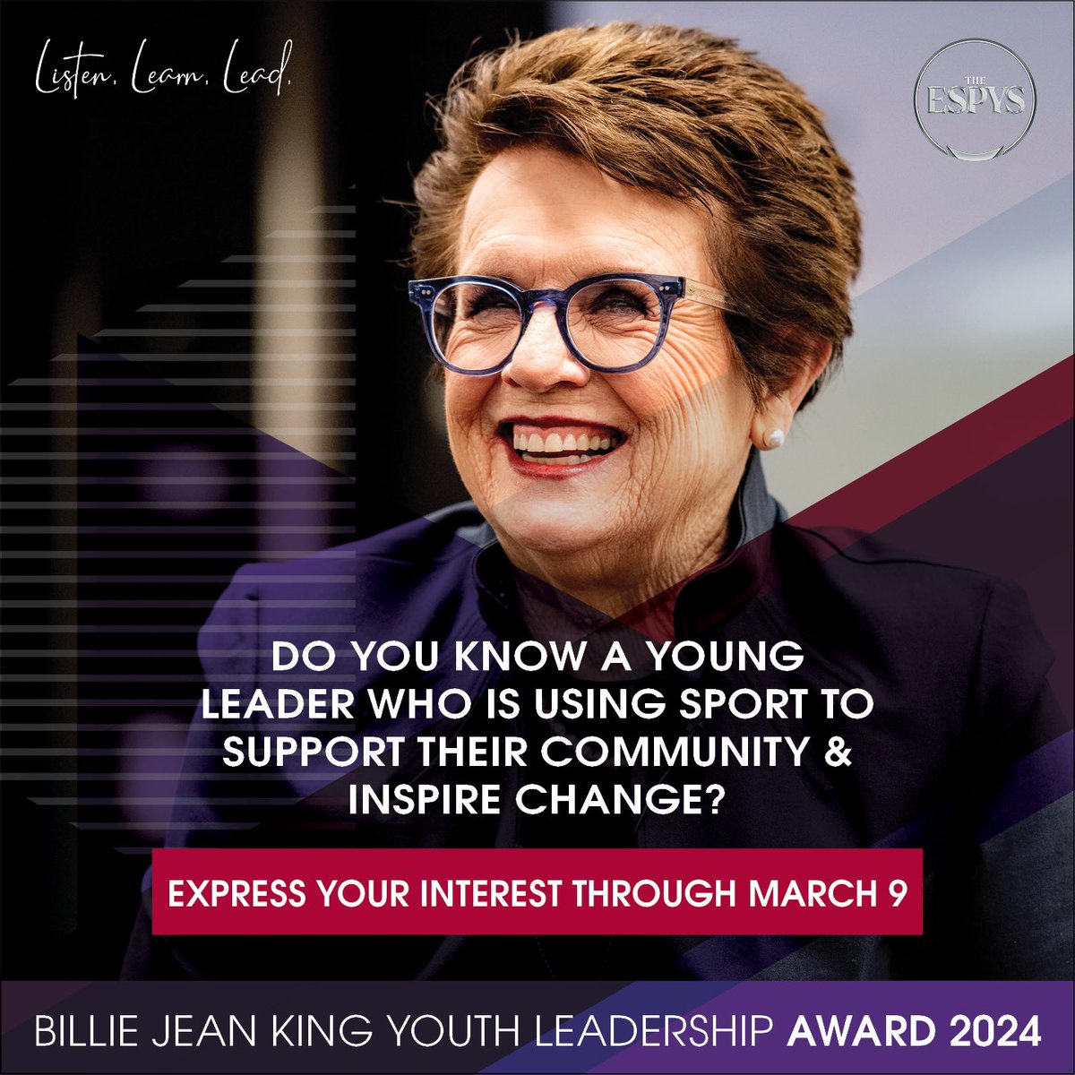 ESPN is seeking 20 Regional Honorees, alongside 3 National Honorees, to honor with the Billie Jean King Youth Leadership Award. Do you know someone who is using sports to improve their community? Learn more: bit.ly/49iLB9M. Applications must be received by 3/9/24.