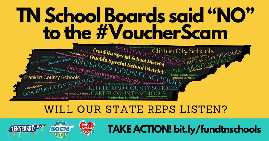 TN4ALL's tweet photo. The first hearing on the #VoucherScam is about to start in the K-12 Subcommittee after less than 48 hours to read the actual text. 

44 local school boards have passed resolutions opposing this move to divert funding from already underfunded public schools into private schools. https://t.co/7cgMAnpYyy