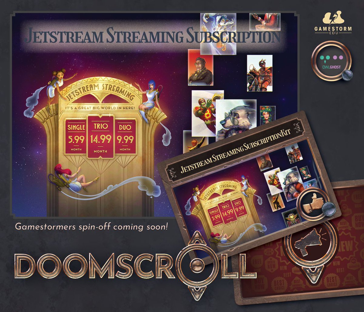 What are YOU binging on Jetstream tonight? In the card game, Doomscroll, you must create a social media feed addicting enough to get fantasy creatures to click on ads for Jetstream Subscriptions and more! We would LOVE your support on #Kickstarter #tabletop #tabletopgaming