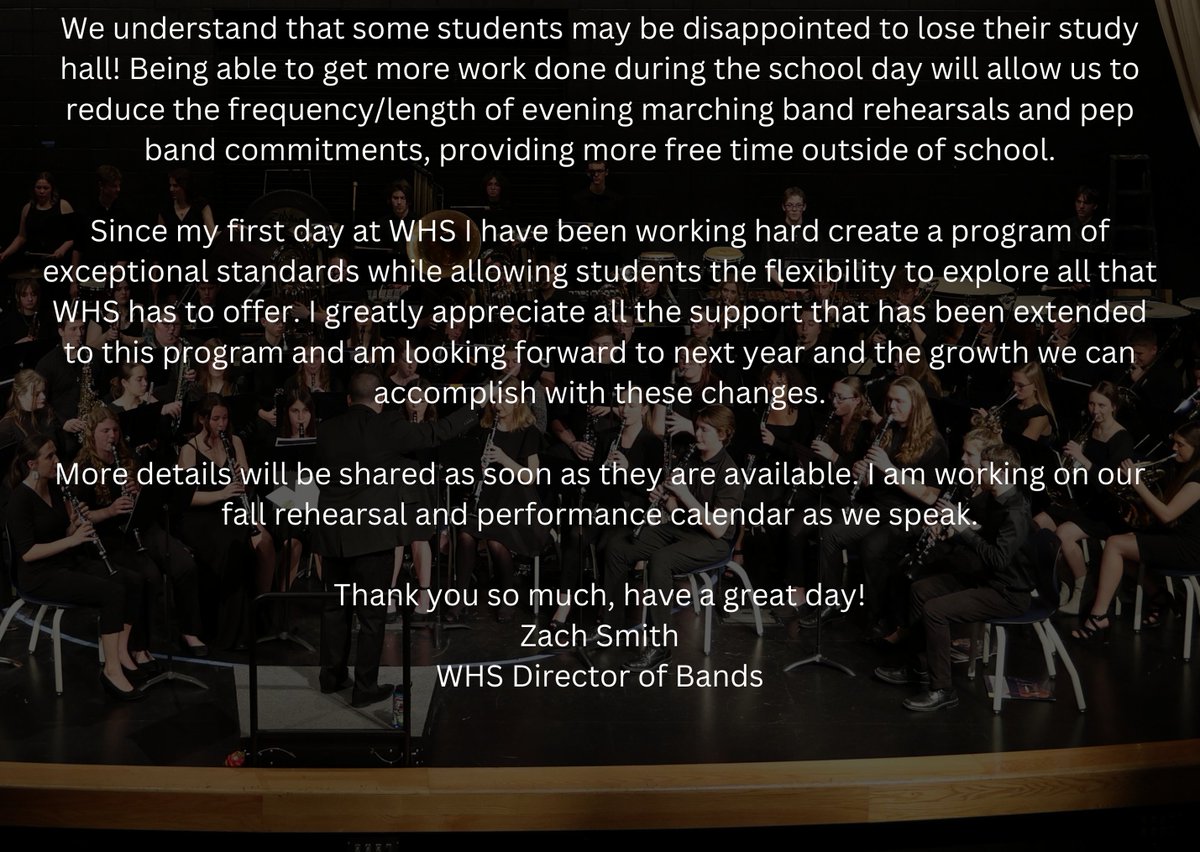 WaterlooHSBands's tweet photo. Hello everyone! See below about some really exciting announcements for the band program starting next year.
I am so excited for this change!
A HUGE thank you to all that helped make this possible!
#WaterlooProud
#WaterlooBands https://t.co/VzVfCFO0fc