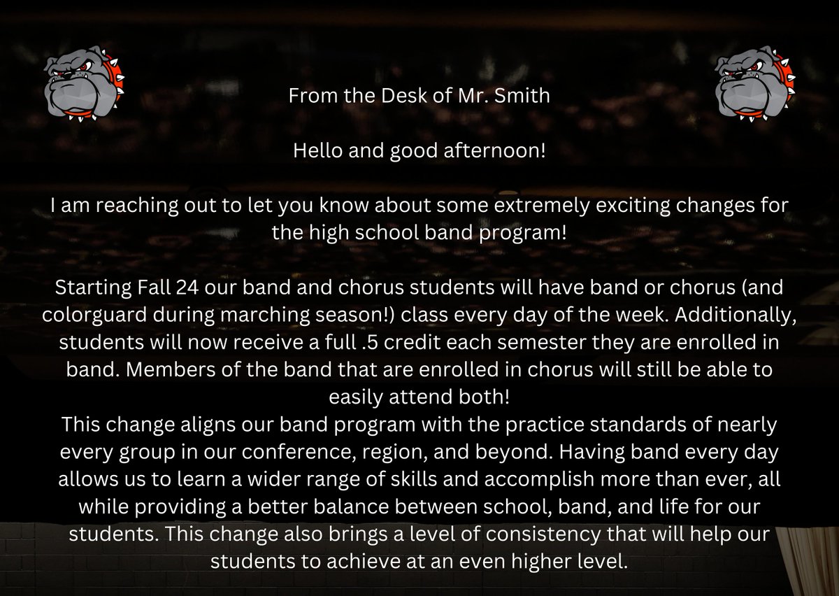 WaterlooHSBands's tweet photo. Hello everyone! See below about some really exciting announcements for the band program starting next year.
I am so excited for this change!
A HUGE thank you to all that helped make this possible!
#WaterlooProud
#WaterlooBands https://t.co/VzVfCFO0fc