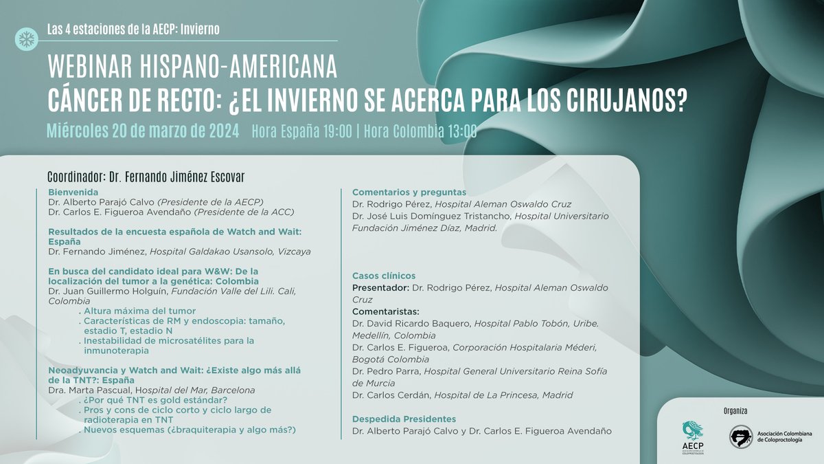 AECP (@aecp_faecp) on Twitter photo Recuerda inscribirte en el webinar sobre Cáncer de recto, una nueva actividad de la AECP para que estés siempre al día.
Con la colaboración de la Asociación Colombiana de Coloproctología y excelentes ponentes <a href="/R_Perez_MD/">Rodrigo O Perez</a>
Inscríbete de forma gratuita 👉 intranet.pacifico-meetings.com/GescoWeb/?cfg=… Recuerda inscribirte en el webinar sobre Cáncer de recto, una nueva actividad de la AECP para que estés siempre al día.
Con la colaboración de la Asociación Colombiana de Coloproctología y excelentes ponentes <a href="/R_Perez_MD/">Rodrigo O Perez</a>
Inscríbete de forma gratuita 👉 intranet.pacifico-meetings.com/GescoWeb/?cfg=…