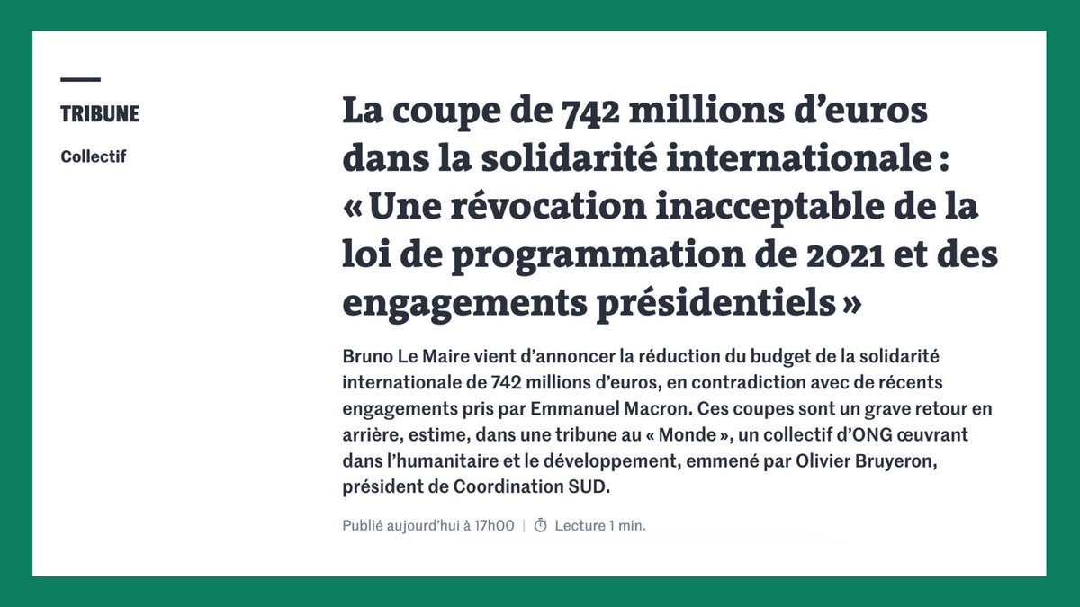 8 mois après le sommet sur les financements à Paris, E. Macron nous prépare un autre type de choc financier… 742 millions d’€ de coupes dans l’aide au développement et climat pour les + pauvres. Tribune de + 100 ONG dont @GlblCtzn 👇🏻 lemonde.fr/idees/article/…