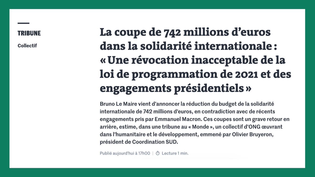 Friederike Röder (@fredroder) on Twitter photo 8 mois après le sommet sur les financements à Paris, E. Macron nous prépare un autre type de choc financier… 742 millions d’€ de coupes dans l’aide au développement et climat pour les + pauvres. Tribune de + 100 ONG dont <a href="/GlblCtzn/">Global Citizen ⭕</a> 👇🏻 lemonde.fr/idees/article/… 8 mois après le sommet sur les financements à Paris, E. Macron nous prépare un autre type de choc financier… 742 millions d’€ de coupes dans l’aide au développement et climat pour les + pauvres. Tribune de + 100 ONG dont <a href="/GlblCtzn/">Global Citizen ⭕</a> 👇🏻 lemonde.fr/idees/article/…