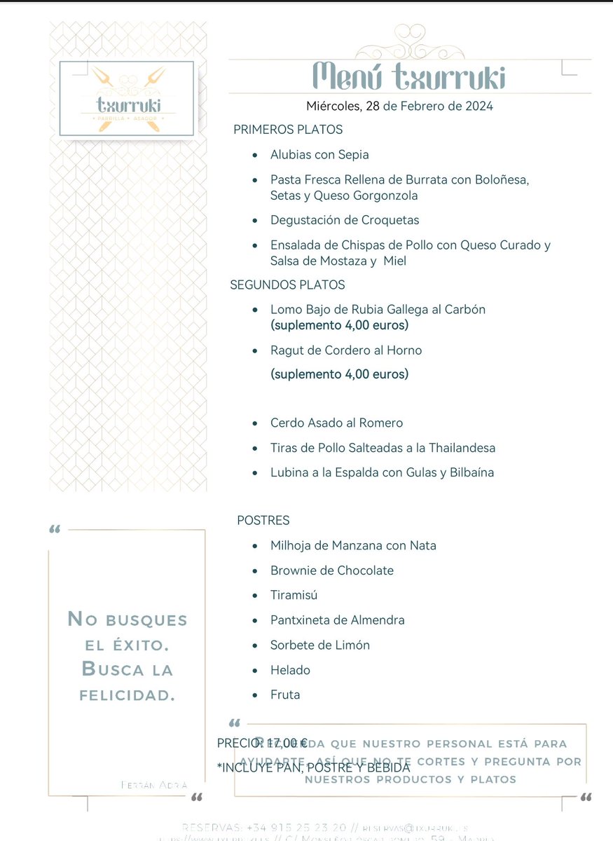 Txurruki_Rest's tweet photo. Menu Miercoles 28 Febrero.
Reservas 915252320. https://t.co/P2uQ6xbw7S