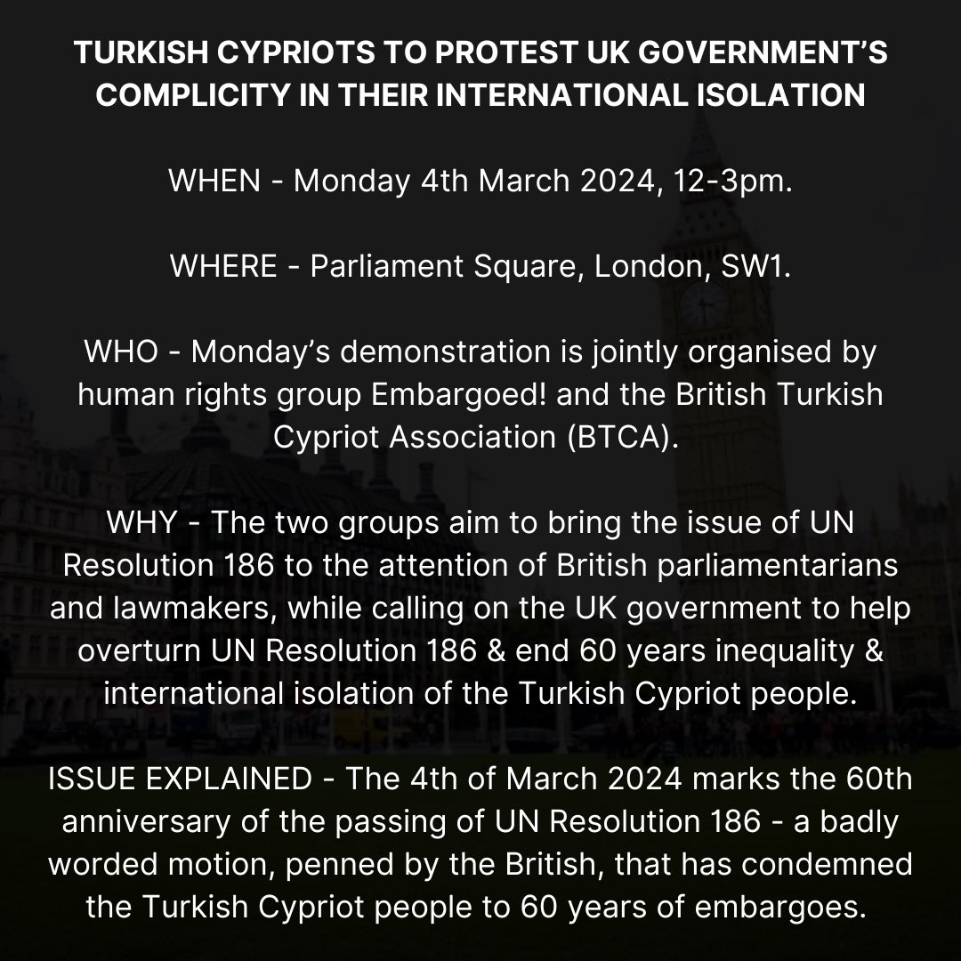 Young_Turk_Cyp's tweet image. TURKISH CYPRIOTS TO PROTEST UK GOVERNMENTS COMPLICITY IN THEIR INTERNATIONAL ISOLATION‼️

#Embargoed #TurkishCypriotsExist 

@BTCAOfficial @embargoed