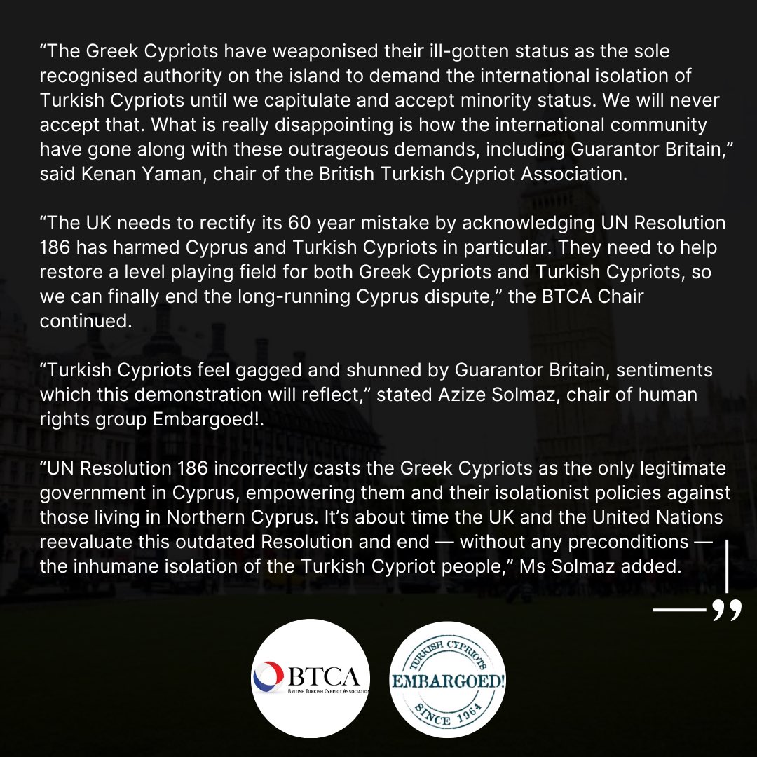 Young_Turk_Cyp's tweet image. TURKISH CYPRIOTS TO PROTEST UK GOVERNMENTS COMPLICITY IN THEIR INTERNATIONAL ISOLATION‼️

#Embargoed #TurkishCypriotsExist 

@BTCAOfficial @embargoed