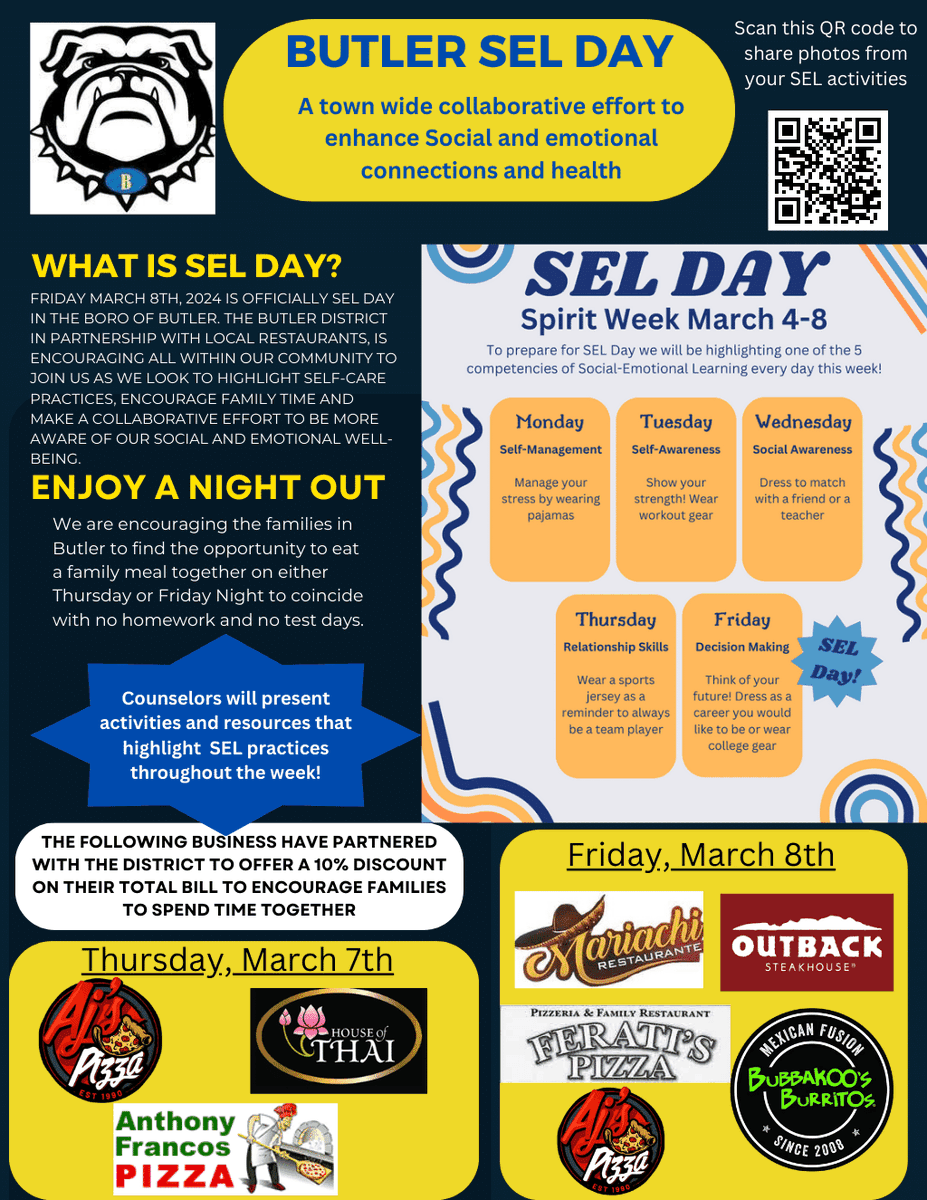 Butler School District is once again recognizing #SELDay all next week with spirit days, family nights, and in-school activities. Join us as we take the time to focus on our social and emotional wellbeing! @SEL4USA #njed