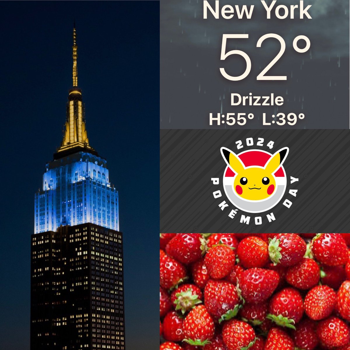 Sunset was at 5:45PM as a light rain in falling & temps in #NYC r unseasonably mild with more of the same expected tomorrow. The @EmpireStateBldg is lit to commemorate the launch of @Pokemon in 1996 & #FruitFans are celebrating #NationalStrawberryDay🍓@NationalDayCal @NY1weather