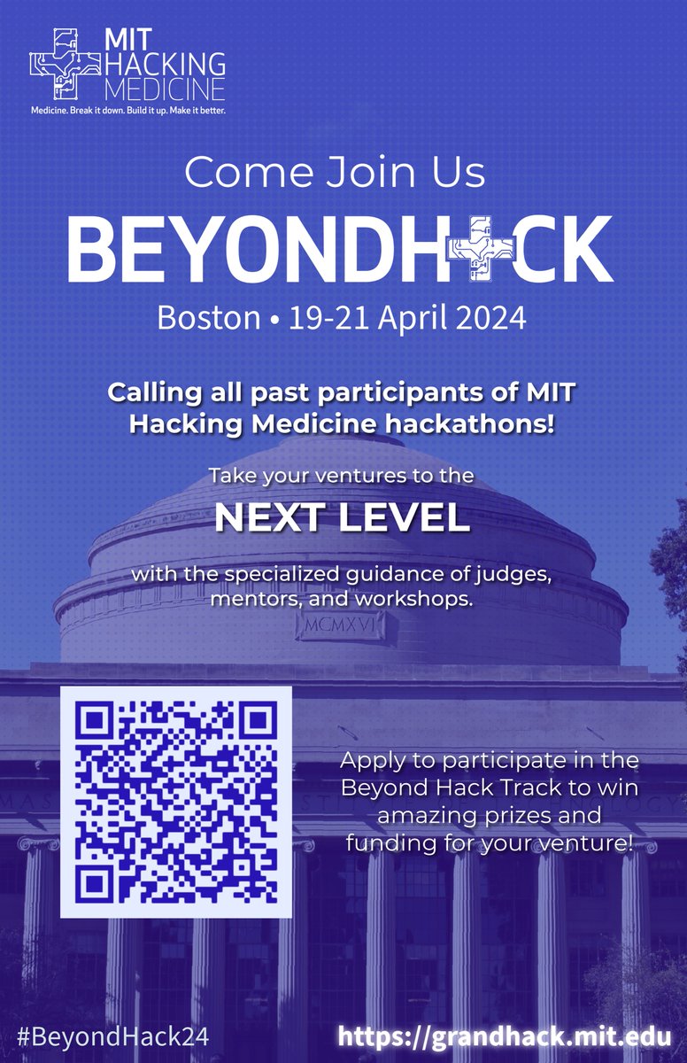 Attention healthcare innovators! Take your venture to the next level at #BeyondHack24. Get specialized 1:1 mentorship, access to resources, workshops, and more. APPLICATIONS DUE FRIDAY! Apply now: grandhack.mit.edu/mit-grand-hack… #MIT #healthtech #medicine