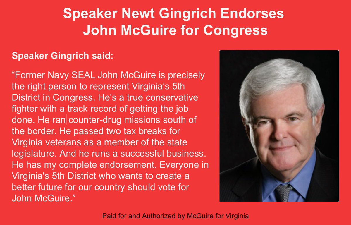 Endorsement Alert! Speaker @newtgingrich disrupted the American status quo & took on the establishment to shrink government. I appreciate his support for my campaign for Congress & look forward to working w/him to fix the crisis our country faces. And Newt is for Trump 2024!