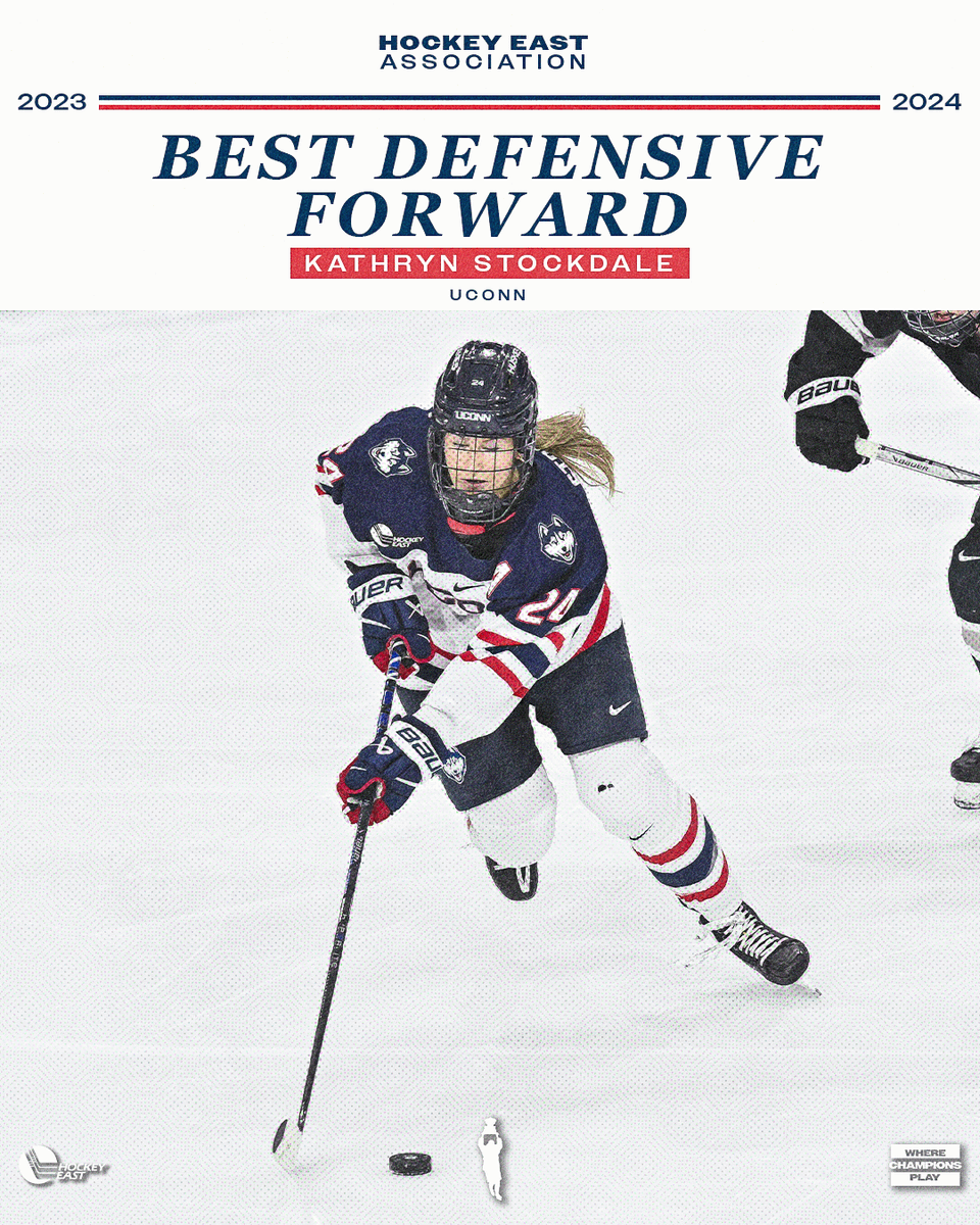 The winner of the 2023-2024 #HockeyEast Award for Best Defensive Forward:

Kathryn Stockdale | <a href="/UConnWHOC/">UConn Women's Hockey</a>