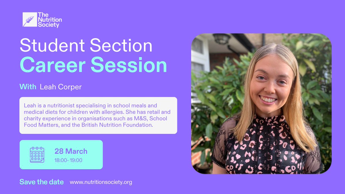 👩‍🎓STUDENT CAREER EVENT 🍏Leah is a Nutritionist at Elior/Lexington Indépendants, specialising in school meals and Medical diets for children with allergies and intolerances 📆28th of March (18:00-19:00) 📍MS Teams 👨‍💻Register here: tinyurl.com/4umceppy #NSStudentSection