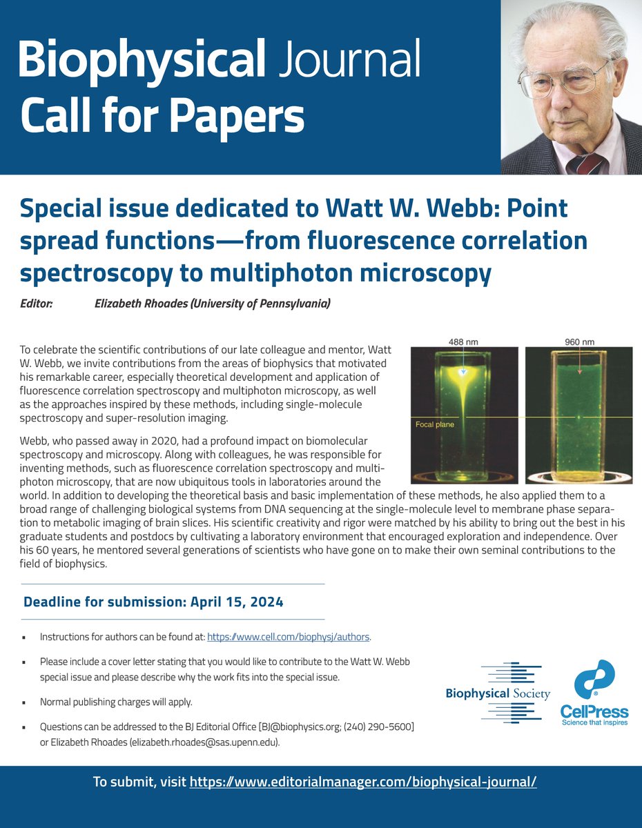 Biophysical Journal Call for Papers
Special issue dedicated to Watt W. Webb: Point spread functions—from fluorescence correlation spectroscopy to multiphoton microscopy