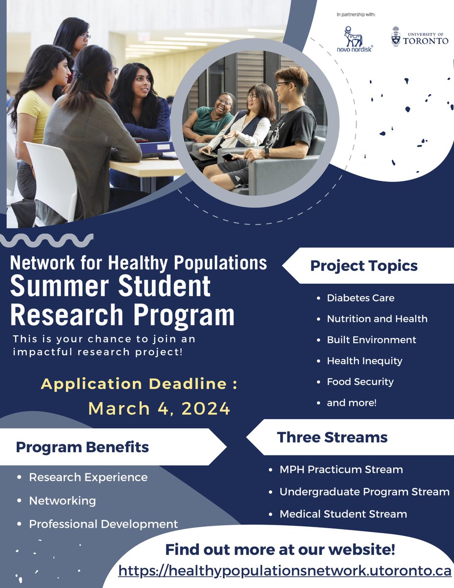 Deadline approaching! Apply by March 4th for the NHP Summer 2024 Research and Training Program for undergraduate, medical/health professional students, and graduate students currently registered at the University of Toronto. Learn more and apply! healthypopulationsnetwork.utoronto.ca/summer-student…