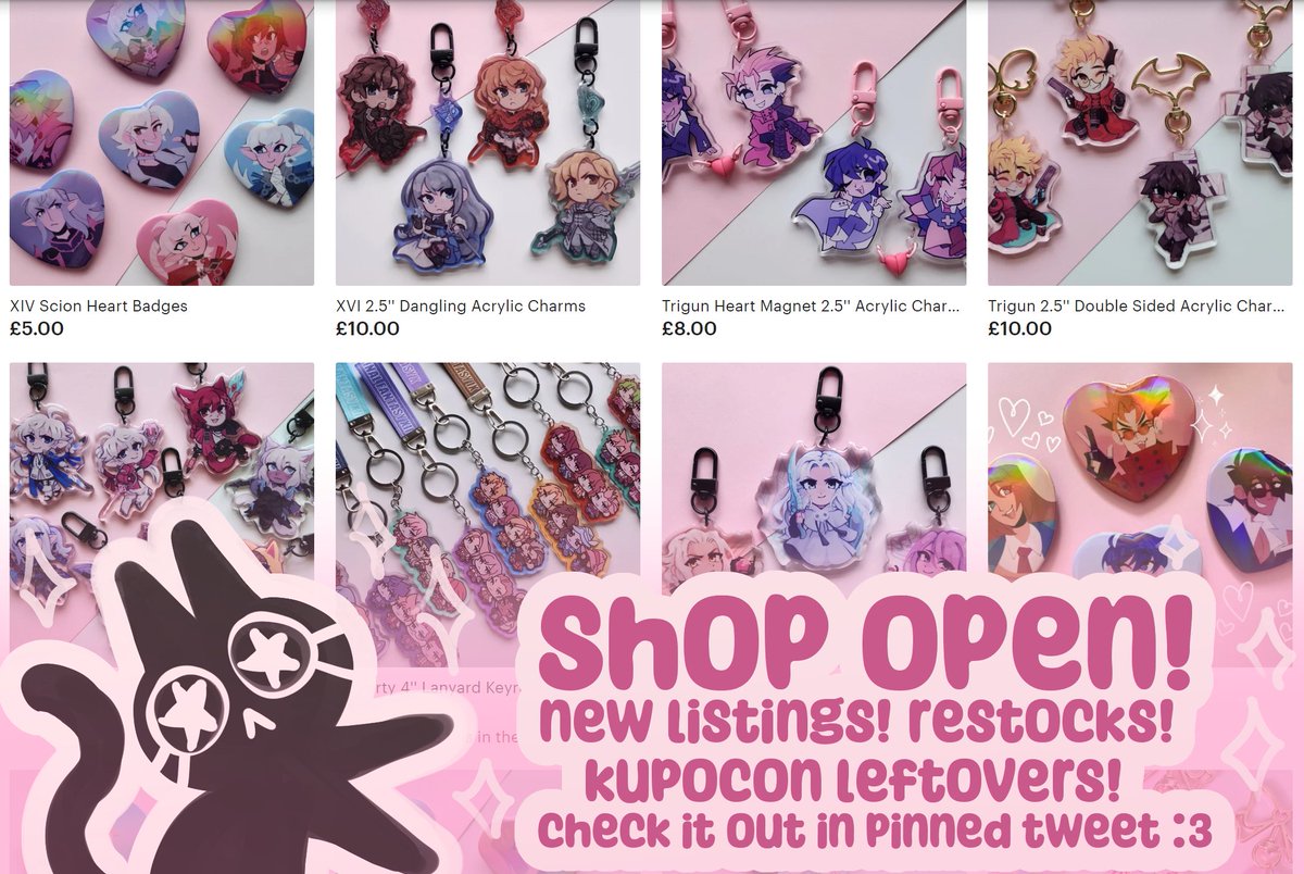 yippeee shop update!!! theres lots of stock left over from kupocon and some trigun restocks so check it out!! 🩷