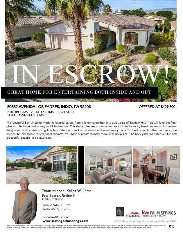TeamMichaelKW's tweet photo. In escrow! 🏡✨

Seeking similar success? Let's make it happen – contact Pete now!
Pete Boesen | REALTOR® | 760-567-4307 | pboesen@msn.com https://t.co/t0KYsYqZ5W