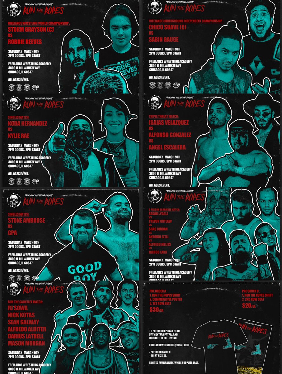 FreelanceWres's tweet image. 📢Preorder your tickets to get your shirt, poster &amp;amp; seat yet!?!?📢

Freelance Wrestling Academy presents: 

Run the Ropes!
Sat 3/9/24
3800 N. Milwaukee Ave
Chicago, IL 60641

7 matches feat. current &amp;amp; future stars of Freelance!

Tickets are LIMITED! Get them while they last!…