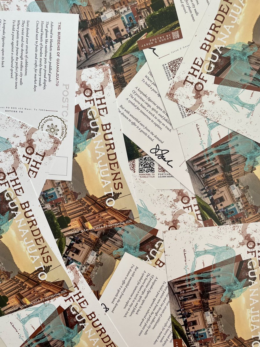 jasonzguest's tweet image. New monthly postcard poetry creations headed to the post office for paid subscribers! Enjoy these unique, unreleased, personally-designed works. They even include a bit of audio magic. #postcardpoetry #postcards #substackwriter #texaspoet #guanajuato