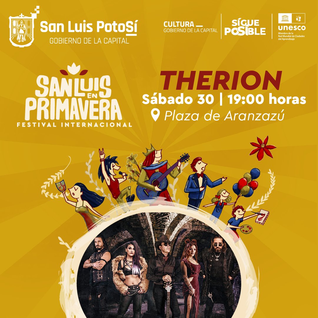 Prepárate para disfrutar en vivo a @_Therion, la conocida banda sueca de metal sinfónico que se presentará el próximo 30 de marzo en #SanLuisCapital, como parte del Festival Internacional #SanLuisEnPrimavera. ¡Te esperamos en la plaza de Aranzazú!