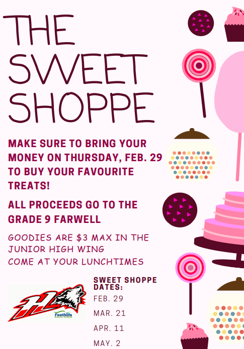 Grade 9 Grad Fundraiser: Come to the Junior High wing at lunch recess this Thursday to support.  All items sold under $3.