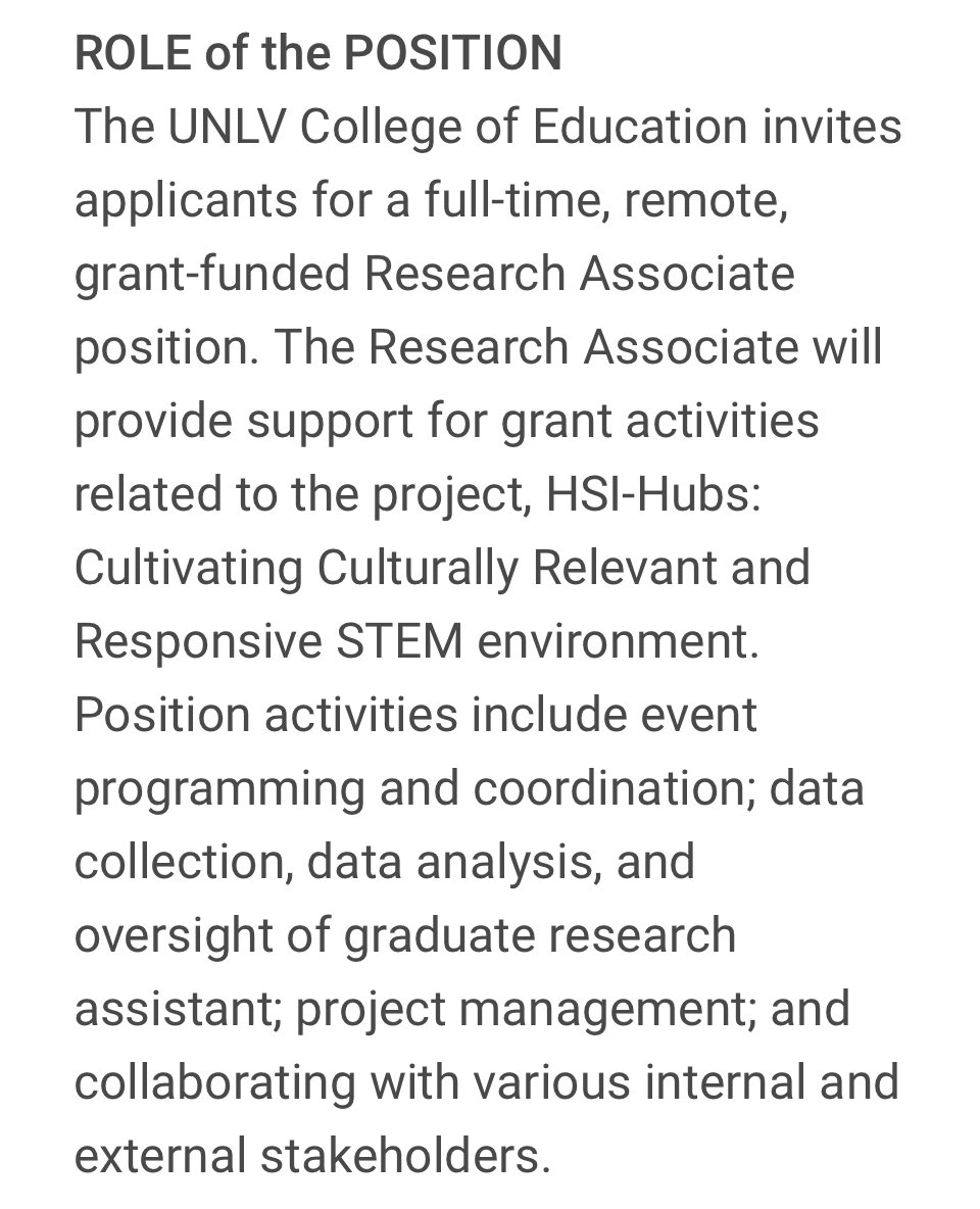 🚨 Come work w/ us! 🚨 @unlvcoe is hiring for a full-time, remote, grant-funded Research Associate The position will support activities related to the #HSI-Hubs: Cultivating Culturally Relevant and Responsive #STEM environment project nshe.wd1.myworkdayjobs.com/UNLV-External/…