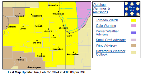 Waukegan is currently under a Tornado Watch, meaning conditions are favorable for a tornado to form. It does not mean a tornado is imminent.  Our area is in for high winds and rapidly dropping temperatures, so plan ahead of you will be out later tonight.  Stay alert and be safe.