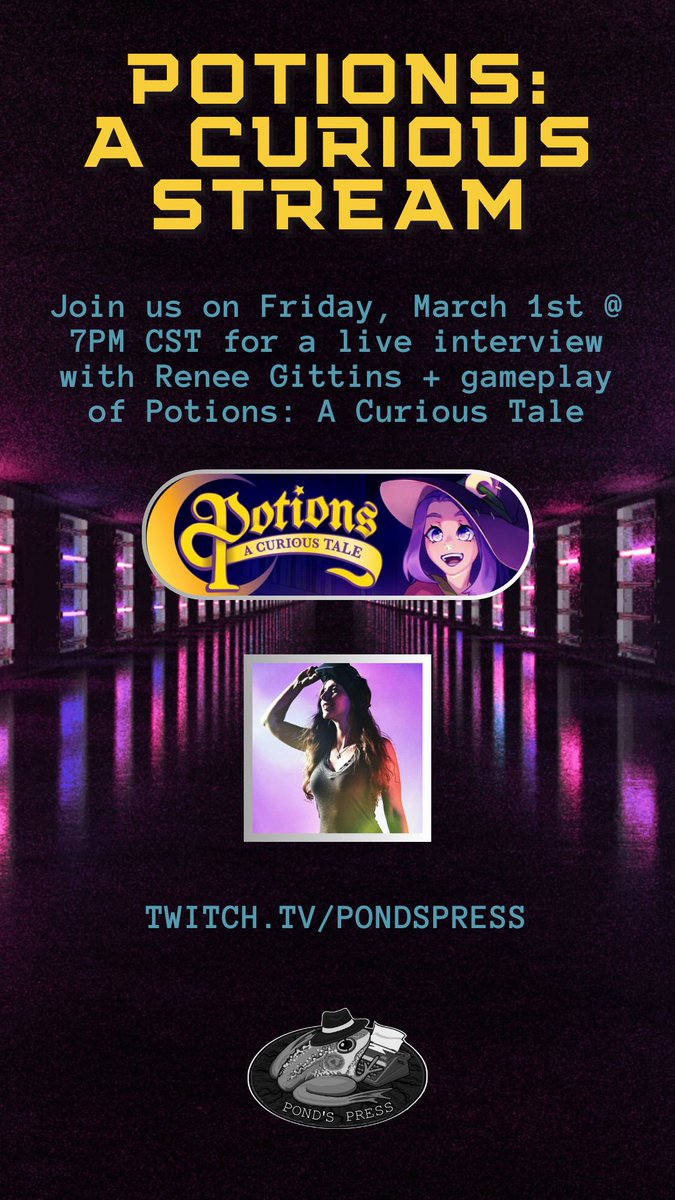 This Friday @ 7PM CST, I will be bringing <a href="/RikuKat/">Renee Gittins | Potions: A Curious Tale</a> on to talk about her incoming game Potions: A Curious Tale, right before it comes out the week after. We will be showing off witch adventure crafting game as well! Tune in to twitch.tv/pondspress
