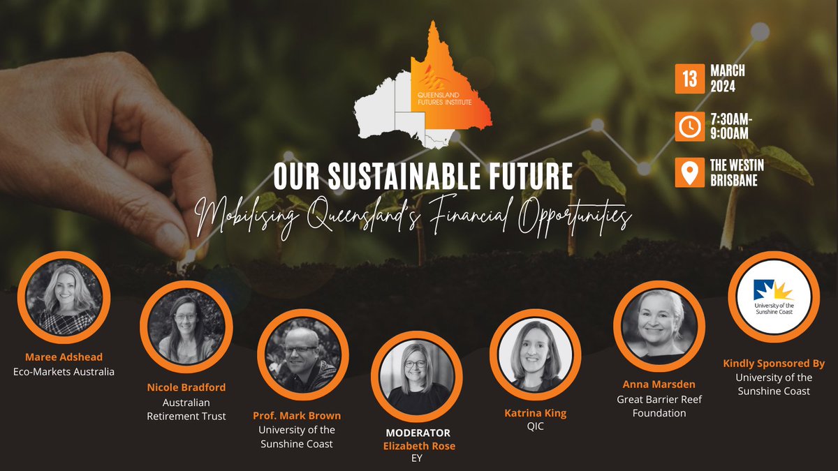 Only one week left to get your tickets for Our Sustainable Future: Mobilising Queensland's Financial Opportunities. 🗓️ Wednesday 13 March, 2024 🕢️ 7:30am - 9am 📌 The Westin, Brisbane 👉️ Register here: bit.ly/3SScsT2